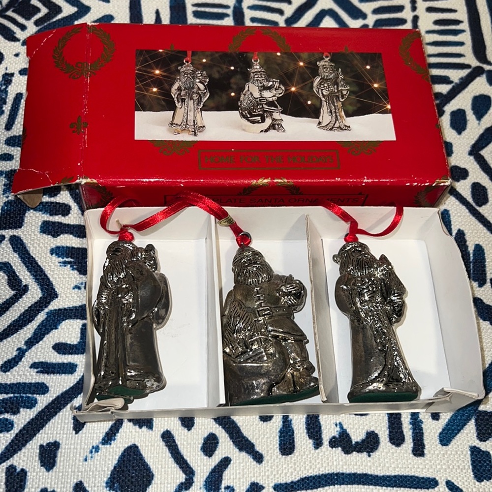 Vintage silver plated, Santa Claus Christmas ornaments set of three
